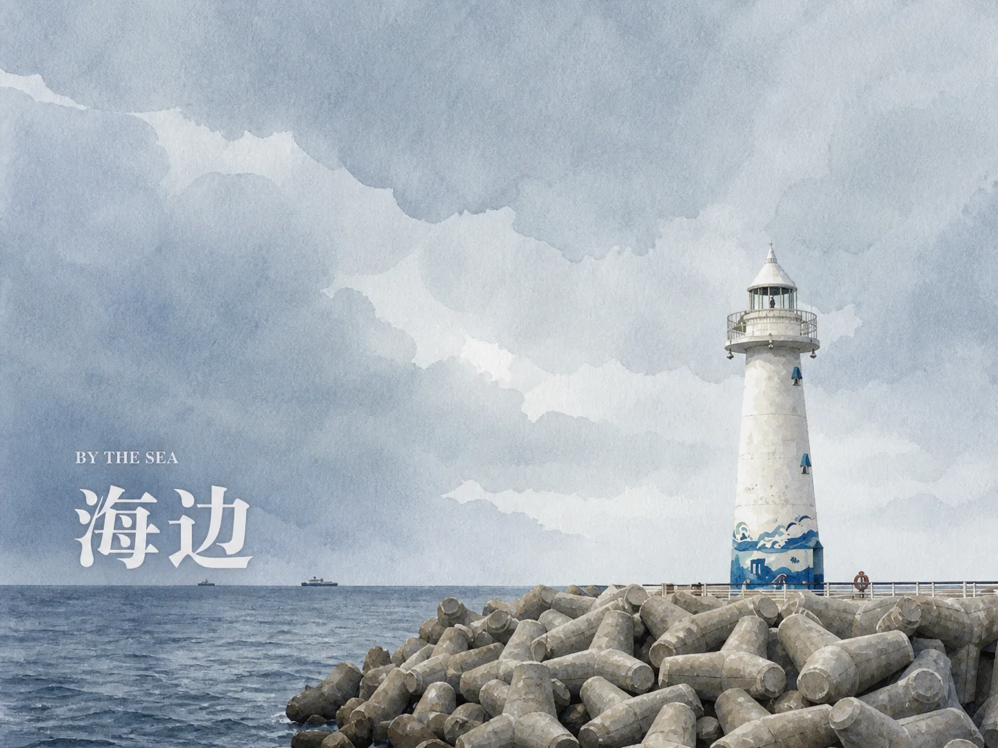 A white lighthouse and an overcast sea.